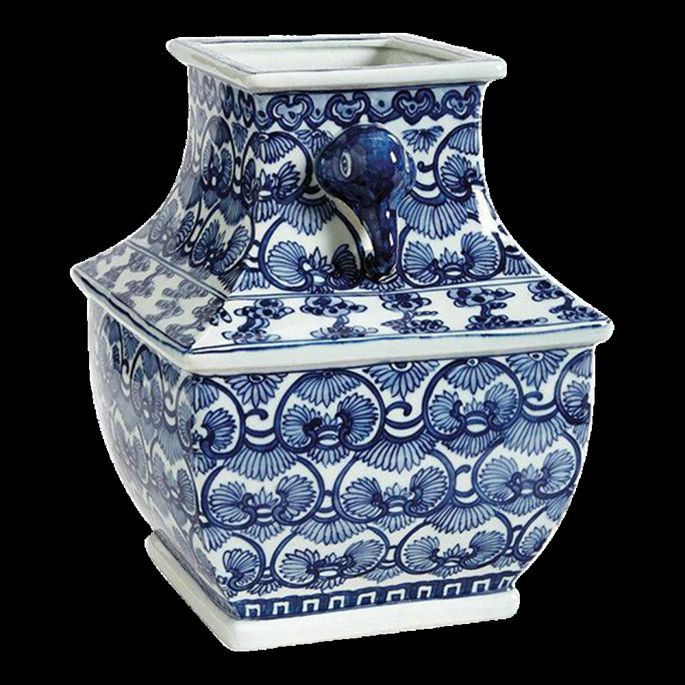 Chinoiserie Ballard Designs Blue/White Porcelain Elephant Square Vase Jar NEW!!!